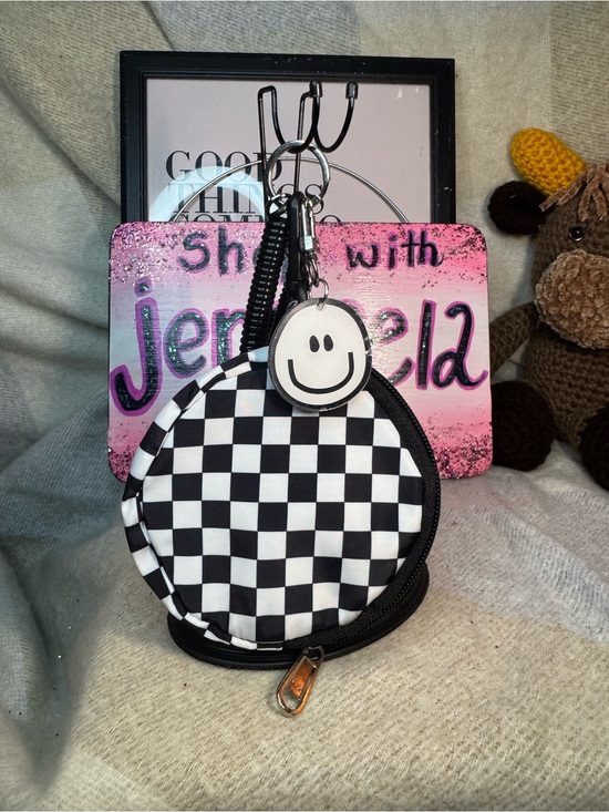 Accessories - Checkerboard Coin & Key Pouch with Smiley Charm - Black & White